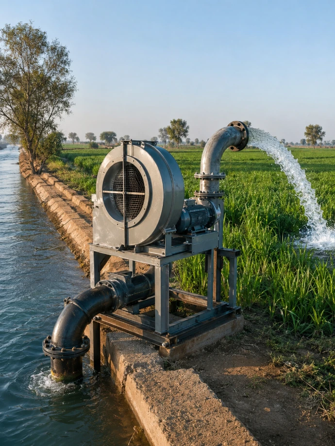 Water lifting fan for canal and farm irrigation.